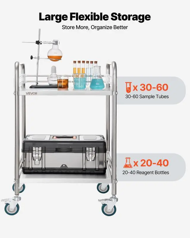 Alt view image 5 of 7 - Stainless Steel Rolling Cart, 2-Tier Metal Utility Cart with Lockable Wheels, Medical Serving Trolley Clinic Tray, Mobile Service Cart for Hospital, Lab, Restaurant, Kitchen, Salon
