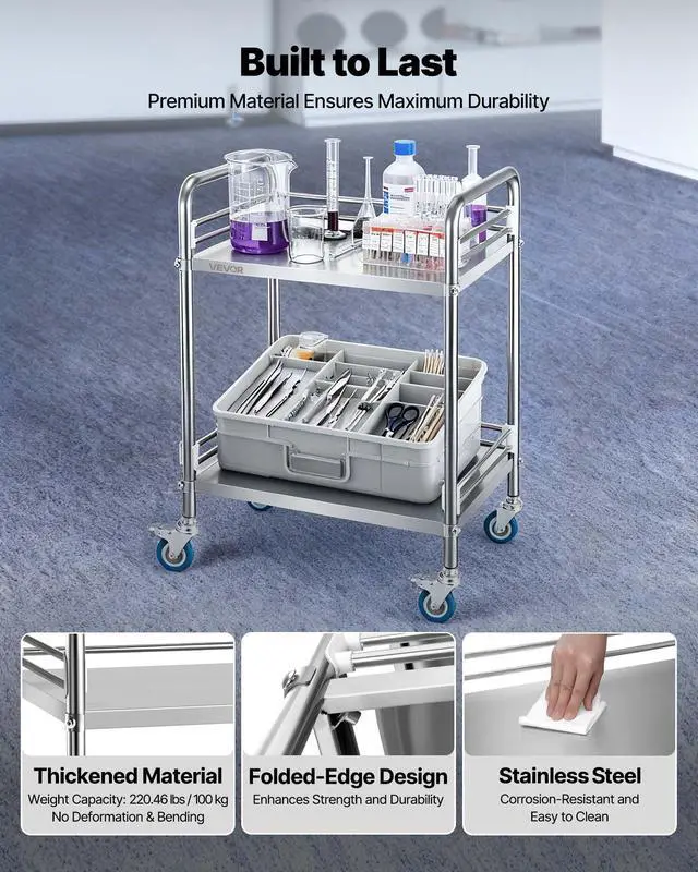 Alt view image 2 of 7 - Stainless Steel Rolling Cart, 2-Tier Metal Utility Cart with Lockable Wheels, Medical Serving Trolley Clinic Tray, Mobile Service Cart for Hospital, Lab, Restaurant, Kitchen, Salon