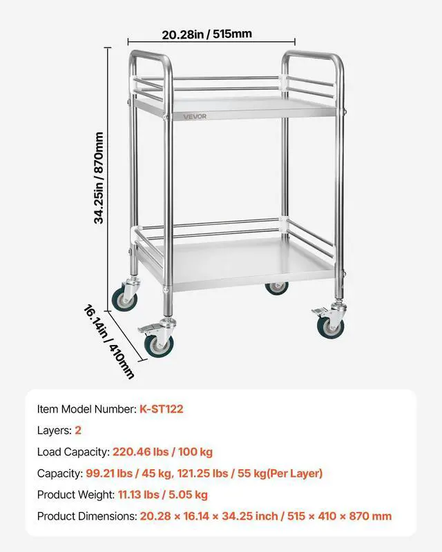 Alt view image 7 of 7 - Stainless Steel Rolling Cart, 2-Tier Metal Utility Cart with Lockable Wheels, Medical Serving Trolley Clinic Tray, Mobile Service Cart for Hospital, Lab, Restaurant, Kitchen, Salon