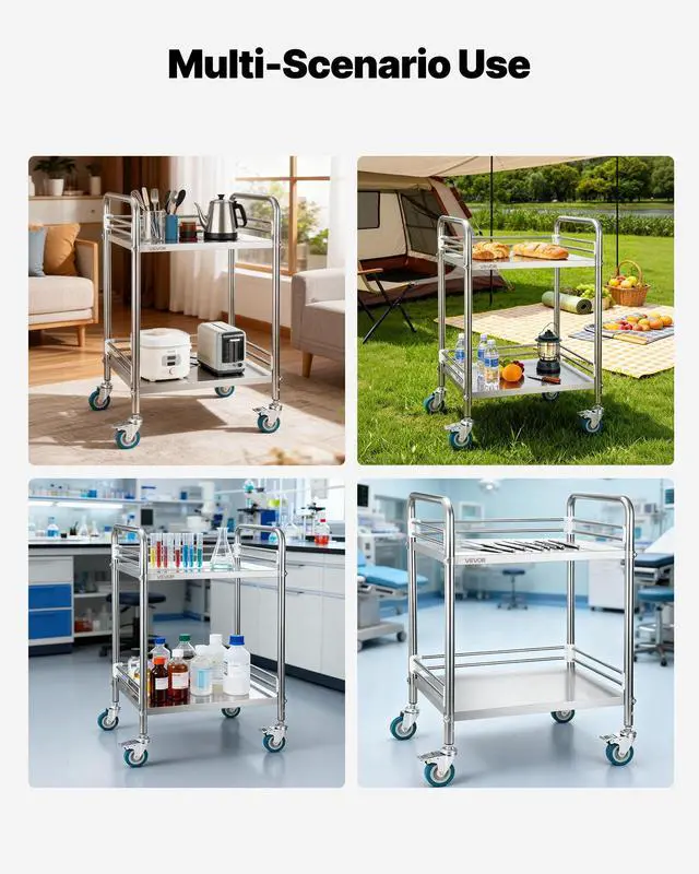 Alt view image 6 of 7 - Stainless Steel Rolling Cart, 2-Tier Metal Utility Cart with Lockable Wheels, Medical Serving Trolley Clinic Tray, Mobile Service Cart for Hospital, Lab, Restaurant, Kitchen, Salon