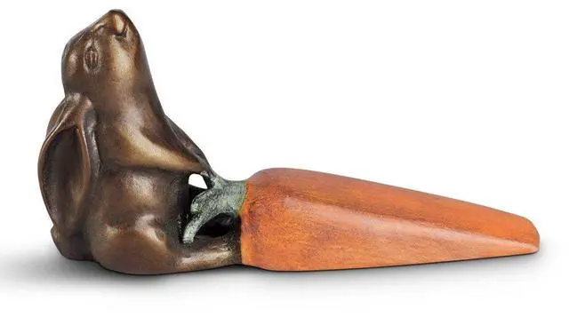 Main image of Home Rabbit and Carrot Doorstop - Decorative Aluminum Door Stopper with Bronze and Orange Finish, 1 Piece