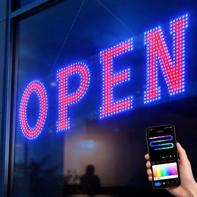 Main image of 40 x 12 Inch LED Open Sign for Business - Timer via BT APP & Remote Control, Ultra Bright Large Open Sign with 14 Flash Modes, 6 Dimming Levels & 6 Speed Control for Salon Cafe Restaurant (Red & Blue)