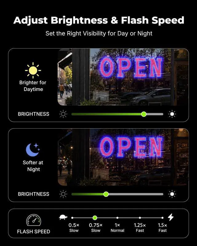 Alt view image 4 of 7 - 40 x 12 Inch LED Open Sign for Business - Timer via BT APP & Remote Control, Ultra Bright Large Open Sign with 14 Flash Modes, 6 Dimming Levels & 6 Speed Control for Salon Cafe Restaurant (Red & Blue)