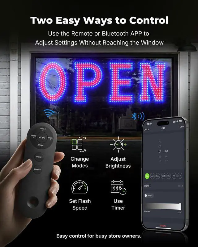 Alt view image 2 of 7 - 40 x 12 Inch LED Open Sign for Business - Timer via BT APP & Remote Control, Ultra Bright Large Open Sign with 14 Flash Modes, 6 Dimming Levels & 6 Speed Control for Salon Cafe Restaurant (Red & Blue)