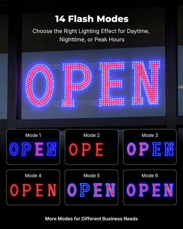 Alt view image 5 of 7 - 40 x 12 Inch LED Open Sign for Business - Timer via BT APP & Remote Control, Ultra Bright Large Open Sign with 14 Flash Modes, 6 Dimming Levels & 6 Speed Control for Salon Cafe Restaurant (Red & Blue)