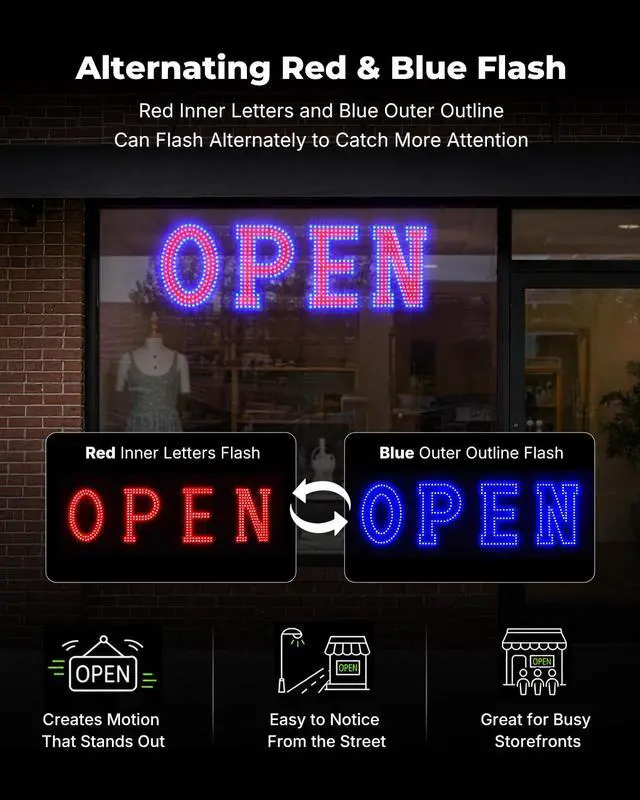 Alt view image 6 of 7 - 40 x 12 Inch LED Open Sign for Business - Timer via BT APP & Remote Control, Ultra Bright Large Open Sign with 14 Flash Modes, 6 Dimming Levels & 6 Speed Control for Salon Cafe Restaurant (Red & Blue)