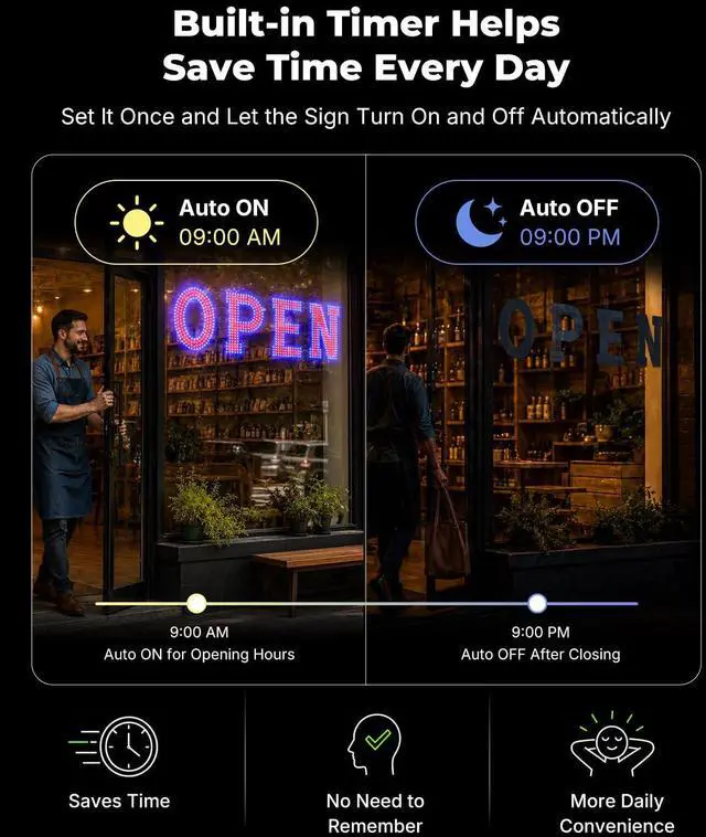 Alt view image 3 of 7 - 40 x 12 Inch LED Open Sign for Business - Timer via BT APP & Remote Control, Ultra Bright Large Open Sign with 14 Flash Modes, 6 Dimming Levels & 6 Speed Control for Salon Cafe Restaurant (Red & Blue)
