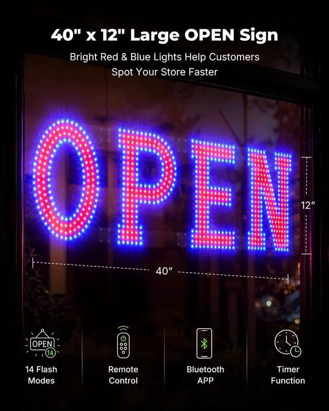 Alt view image 7 of 7 - 40 x 12 Inch LED Open Sign for Business - Timer via BT APP & Remote Control, Ultra Bright Large Open Sign with 14 Flash Modes, 6 Dimming Levels & 6 Speed Control for Salon Cafe Restaurant (Red & Blue)