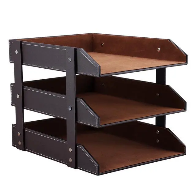 Alt view image 4 of 7 - Letter Tray, Leather Paper Organizer Tray, Wooden Desk File Holder, Desktop File, Stackable Magazine Holder, Mail Sorter, Great for Home or Office - 3 Level Brown