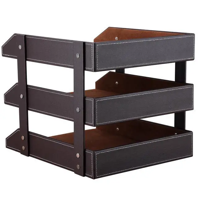 Alt view image 5 of 7 - Letter Tray, Leather Paper Organizer Tray, Wooden Desk File Holder, Desktop File, Stackable Magazine Holder, Mail Sorter, Great for Home or Office - 3 Level Brown