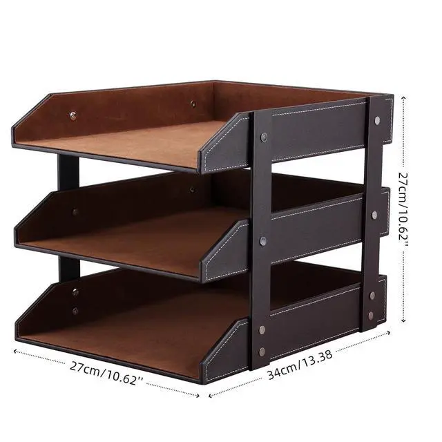 Alt view image 3 of 7 - Letter Tray, Leather Paper Organizer Tray, Wooden Desk File Holder, Desktop File, Stackable Magazine Holder, Mail Sorter, Great for Home or Office - 3 Level Brown
