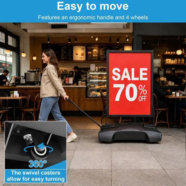 Alt view image 3 of 7 - Wind Resistant Sidewalk Sign Holder with Pull Handle & 4 Wheels | 160lb Heavy Duty Poster Stand with Water Base, 24"x36" Aluminum Sign Stand, Indoor & Outdoor Use, 1 Backboard & 2 PVC Films