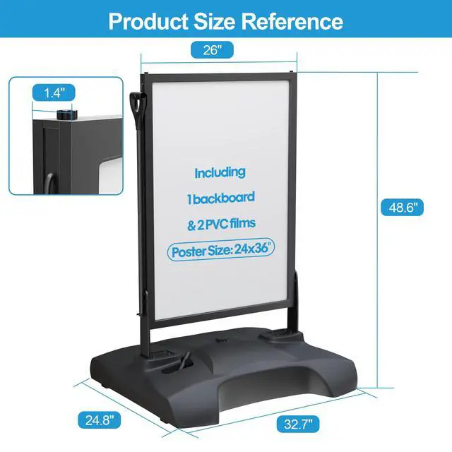 Alt view image 7 of 7 - Wind Resistant Sidewalk Sign Holder with Pull Handle & 4 Wheels | 160lb Heavy Duty Poster Stand with Water Base, 24"x36" Aluminum Sign Stand, Indoor & Outdoor Use, 1 Backboard & 2 PVC Films