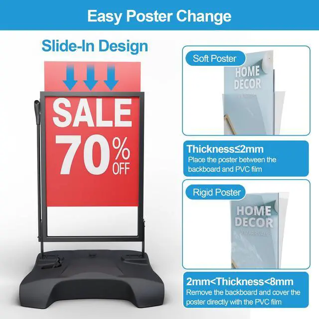 Alt view image 5 of 7 - Wind Resistant Sidewalk Sign Holder with Pull Handle & 4 Wheels | 160lb Heavy Duty Poster Stand with Water Base, 24"x36" Aluminum Sign Stand, Indoor & Outdoor Use, 1 Backboard & 2 PVC Films