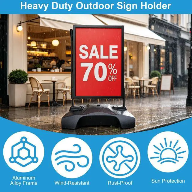 Alt view image 6 of 7 - Wind Resistant Sidewalk Sign Holder with Pull Handle & 4 Wheels | 160lb Heavy Duty Poster Stand with Water Base, 24"x36" Aluminum Sign Stand, Indoor & Outdoor Use, 1 Backboard & 2 PVC Films