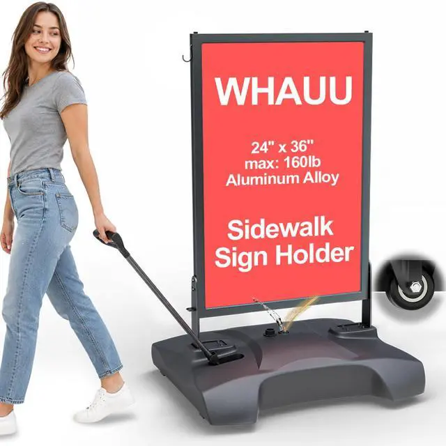 Main image of Wind Resistant Sidewalk Sign Holder with Pull Handle & 4 Wheels | 160lb Heavy Duty Poster Stand with Water Base, 24"x36" Aluminum Sign Stand, Indoor & Outdoor Use, 1 Backboard & 2 PVC Films