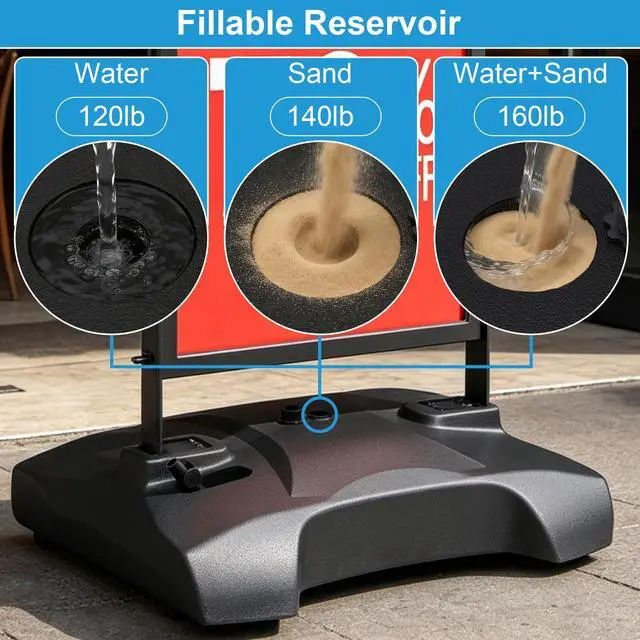 Alt view image 4 of 7 - Wind Resistant Sidewalk Sign Holder with Pull Handle & 4 Wheels | 160lb Heavy Duty Poster Stand with Water Base, 24"x36" Aluminum Sign Stand, Indoor & Outdoor Use, 1 Backboard & 2 PVC Films