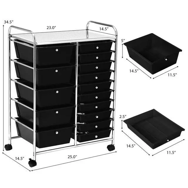 Alt view image 3 of 7 - Byroce 15-Drawer Storage Rolling Cart, Mobile Classroom Craft Organizer for Art Supplies, Tools & Paper, Multipurpose Storage Cart on Wheels for School, Home Office (Black)
