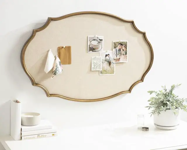 Alt view image 3 of 6 - Leanna Decorative Scalloped Metal Pinboard; 24 x 36; Gold; Framed Rounded Oval Vintage Bulletin Board for Unique Display; Organization; and Decor