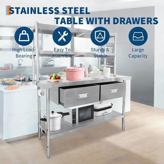 Alt view image 6 of 7 - Stainless Steel Table with Overshelves and Drawers, Work Tables Workbench | 48" X 24" Heavy Duty Commercial Work & Prep Table with Adjustable Undershelf for Home Restaurant Kitchen Garage