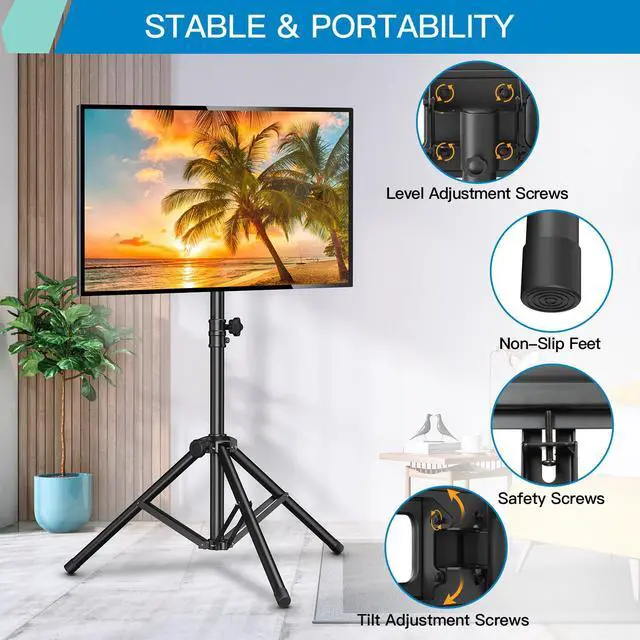 Alt view image 2 of 7 - TV Tripod Stand with ±20° Tilt and 360° Swivel,Portable TV Stand for 37-85 Inch LED LCD OLED Flat Screen TVs,Height Adjustable Outdoor TV Stand with VESA 600x400mm up to 110 lbs PSTM2