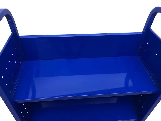Alt view image 6 of 7 - Rolling Book Truck Book Cart with 3 Flat Shelves, Library Book Cart with Swivel Lockable Casters 3001 Blue