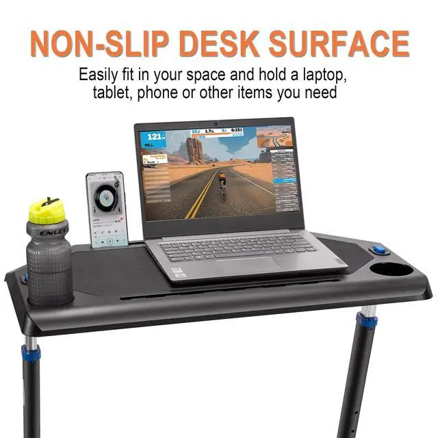 Alt view image 3 of 7 - Indoor Cycling Desk - Adjustable Height Bike Deak Laptop Stand Non-Slip Surface - Portable Bike Trainer Fitness Desk with Lockable Wheels