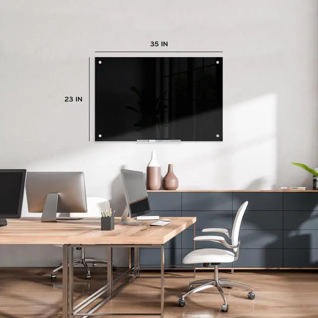 Alt view image 2 of 6 - Glass Dry Erase Board, 24" x 36", Black Surface with Silver Grommets, Frameless, Includes Marker with Built-in Eraser