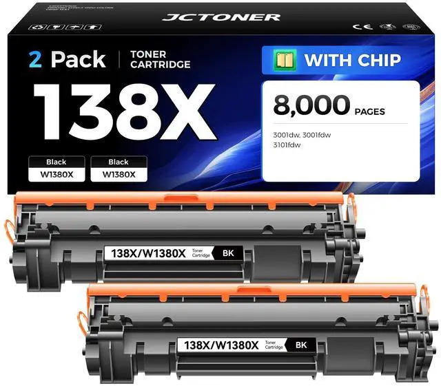 Main image of 138X Toner Cartridge Black 2-Pack with chip Replacement for HP 138A W1380A 138X W1380X Compatible with HP LaserJet Pro 3001dw 3001fdw MFP 3101fdw Printer Ink 3001dwe 3001fdwe 3101fdwe All-in-One