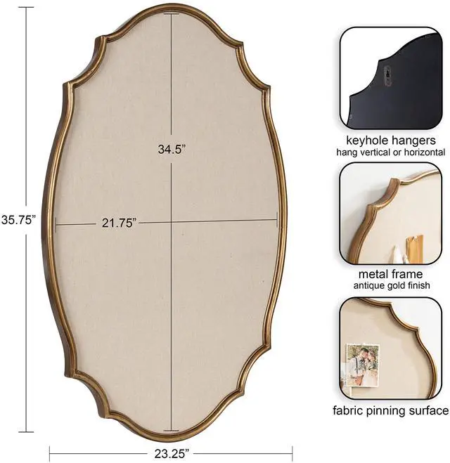 Alt view image 2 of 6 - Leanna Decorative Scalloped Metal Pinboard; 24 x 36; Gold; Framed Rounded Oval Vintage Bulletin Board for Unique Display; Organization; and Decor