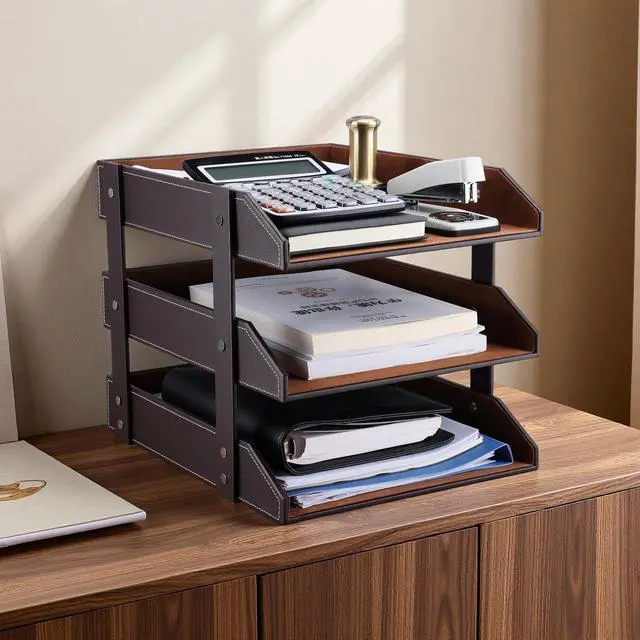 Alt view image 2 of 7 - Letter Tray, Leather Paper Organizer Tray, Wooden Desk File Holder, Desktop File, Stackable Magazine Holder, Mail Sorter, Great for Home or Office - 3 Level Brown