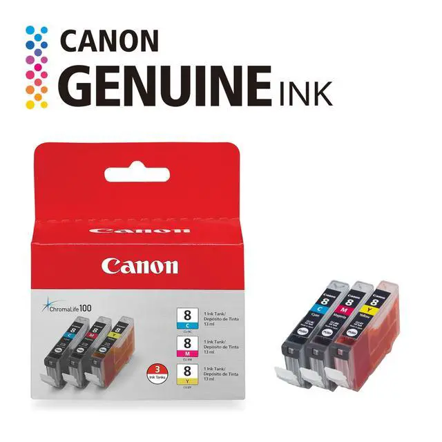 Alt view image 2 of 6 - CLI-8 Genuine Three Color Ink Tank, Compatible with iP4300, iP3500, iP3300, MP970, MP960, MP950, MP800R, MP830, MP810, MP800, MP500, MX850, MX700, MP610, MP600, MP530, MP520, and MP510 Printers