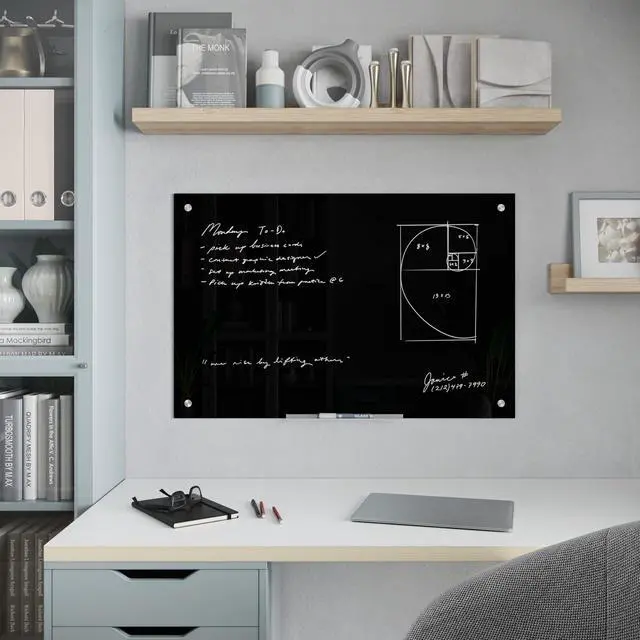 Alt view image 6 of 6 - Glass Dry Erase Board, 24" x 36", Black Surface with Silver Grommets, Frameless, Includes Marker with Built-in Eraser
