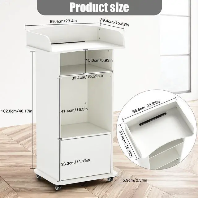 Alt view image 2 of 7 - Podium Stand Portable with Wheels, Classroom Lectern for Teacher with Adjustable Storage Shelf, Mobile Rolling Church Pulpits, Office Wooden Reception Desk, Host Stand for School ConferenceWhite
