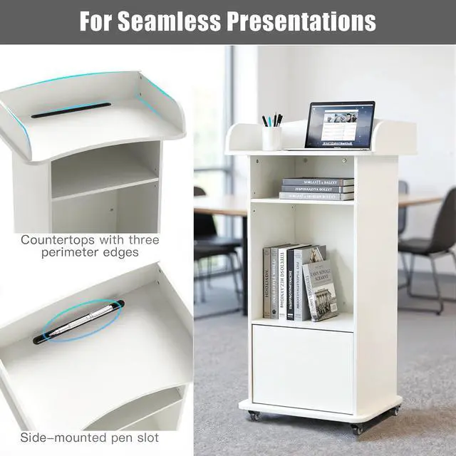 Alt view image 5 of 7 - Podium Stand Portable with Wheels, Classroom Lectern for Teacher with Adjustable Storage Shelf, Mobile Rolling Church Pulpits, Office Wooden Reception Desk, Host Stand for School ConferenceWhite