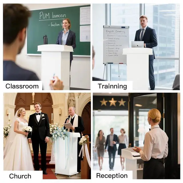 Alt view image 7 of 7 - Podium Stand Portable with Wheels, Classroom Lectern for Teacher with Adjustable Storage Shelf, Mobile Rolling Church Pulpits, Office Wooden Reception Desk, Host Stand for School ConferenceWhite