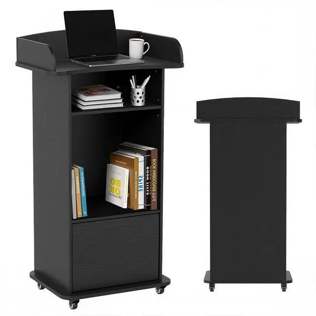 Main image of Podium Stand Portable with Wheels, Classroom Lectern for Teacher with Adjustable Storage Shelf, Mobile Rolling Church Pulpits, Office Wooden Reception Desk, Host Stand for School ConferenceBlack