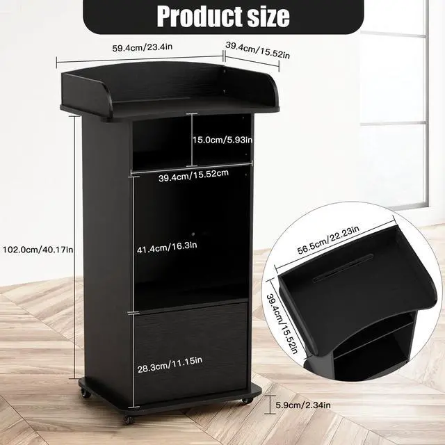 Alt view image 2 of 7 - Podium Stand Portable with Wheels, Classroom Lectern for Teacher with Adjustable Storage Shelf, Mobile Rolling Church Pulpits, Office Wooden Reception Desk, Host Stand for School ConferenceBlack