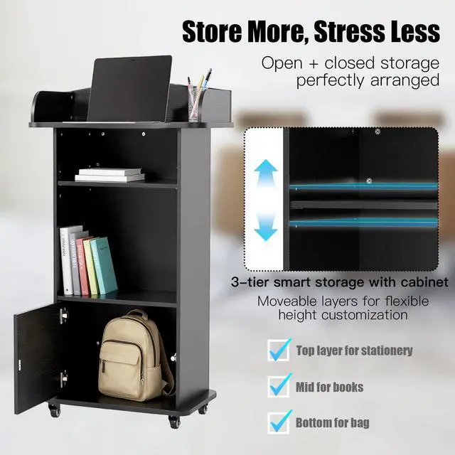 Alt view image 3 of 7 - Podium Stand Portable with Wheels, Classroom Lectern for Teacher with Adjustable Storage Shelf, Mobile Rolling Church Pulpits, Office Wooden Reception Desk, Host Stand for School ConferenceBlack