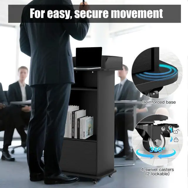Alt view image 4 of 7 - Podium Stand Portable with Wheels, Classroom Lectern for Teacher with Adjustable Storage Shelf, Mobile Rolling Church Pulpits, Office Wooden Reception Desk, Host Stand for School ConferenceBlack