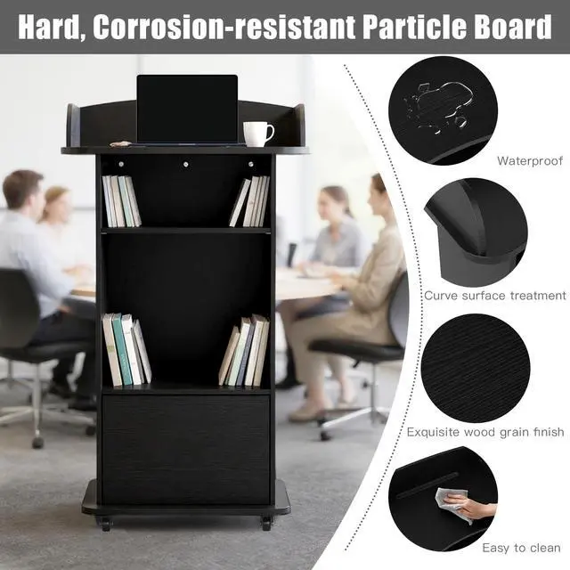 Alt view image 6 of 7 - Podium Stand Portable with Wheels, Classroom Lectern for Teacher with Adjustable Storage Shelf, Mobile Rolling Church Pulpits, Office Wooden Reception Desk, Host Stand for School ConferenceBlack