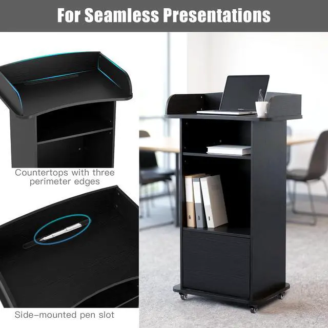 Alt view image 5 of 7 - Podium Stand Portable with Wheels, Classroom Lectern for Teacher with Adjustable Storage Shelf, Mobile Rolling Church Pulpits, Office Wooden Reception Desk, Host Stand for School ConferenceBlack