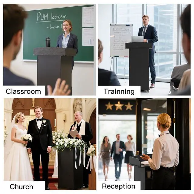 Alt view image 7 of 7 - Podium Stand Portable with Wheels, Classroom Lectern for Teacher with Adjustable Storage Shelf, Mobile Rolling Church Pulpits, Office Wooden Reception Desk, Host Stand for School ConferenceBlack