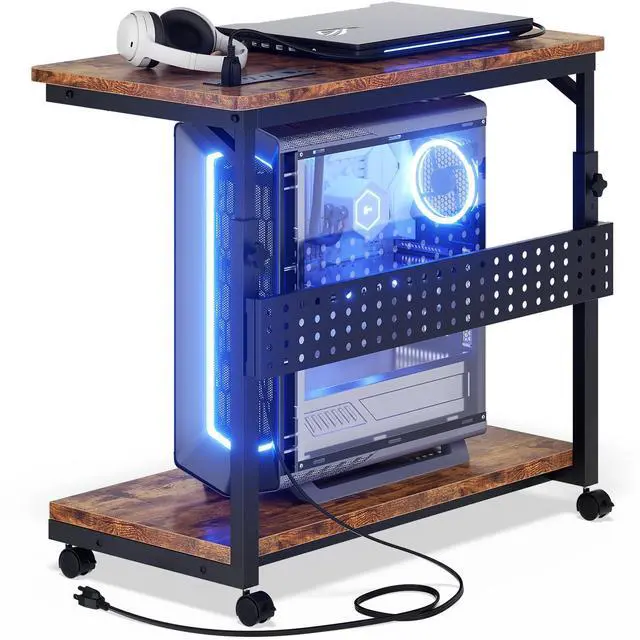 Main image of Computer Tower Stand with Power Strips, 4 Levels Manual Height Adjustable PC Tower Stand for Under Desk, Mobile Rolling CPU Holder, Computer Cart with Wheels, 24", Rustic Brown