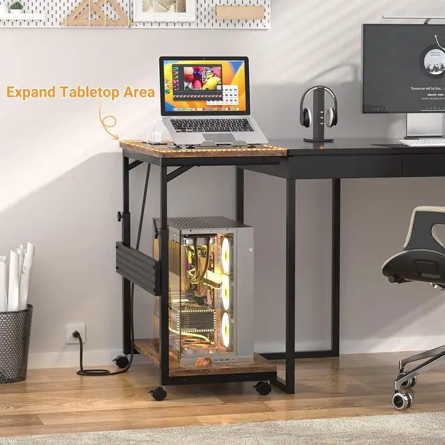 Alt view image 2 of 7 - Computer Tower Stand with Power Strips, 4 Levels Manual Height Adjustable PC Tower Stand for Under Desk, Mobile Rolling CPU Holder, Computer Cart with Wheels, 24", Rustic Brown