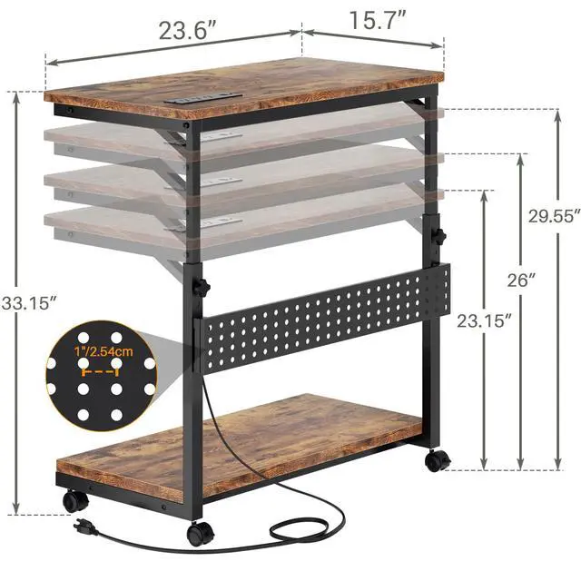 Alt view image 3 of 7 - Computer Tower Stand with Power Strips, 4 Levels Manual Height Adjustable PC Tower Stand for Under Desk, Mobile Rolling CPU Holder, Computer Cart with Wheels, 24", Rustic Brown