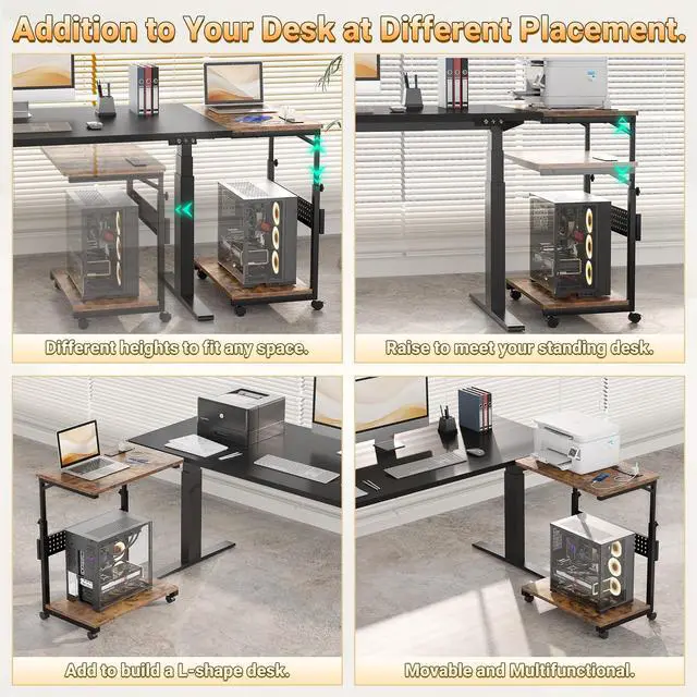 Alt view image 4 of 7 - Computer Tower Stand with Power Strips, 4 Levels Manual Height Adjustable PC Tower Stand for Under Desk, Mobile Rolling CPU Holder, Computer Cart with Wheels, 24", Rustic Brown