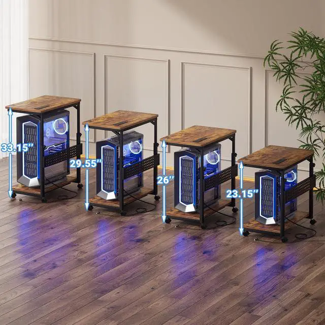 Alt view image 6 of 7 - Computer Tower Stand with Power Strips, 4 Levels Manual Height Adjustable PC Tower Stand for Under Desk, Mobile Rolling CPU Holder, Computer Cart with Wheels, 24", Rustic Brown