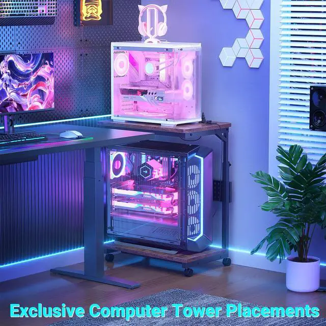 Alt view image 7 of 7 - Computer Tower Stand with Power Strips, 4 Levels Manual Height Adjustable PC Tower Stand for Under Desk, Mobile Rolling CPU Holder, Computer Cart with Wheels, 24", Rustic Brown