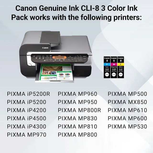 Alt view image 5 of 6 - CLI-8 Genuine Three Color Ink Tank, Compatible with iP4300, iP3500, iP3300, MP970, MP960, MP950, MP800R, MP830, MP810, MP800, MP500, MX850, MX700, MP610, MP600, MP530, MP520, and MP510 Printers
